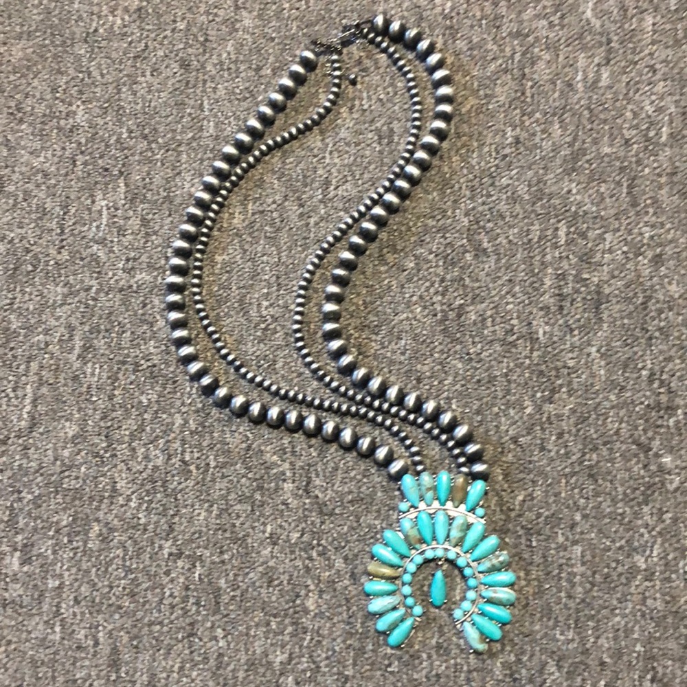 Turquoise Navajo Pearl Squash Blossom Necklace